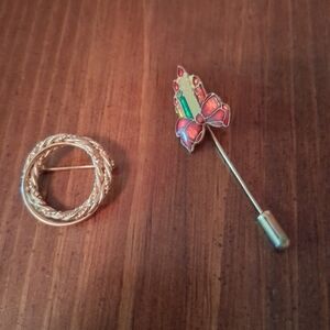 Colorful Enamel Brooch and Gold-Tone Pin Set